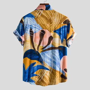Back view of a men's summer short sleeve shirt with vibrant abstract floral print pattern.