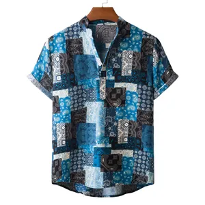 Detailed view of men's paisley patchwork short sleeve cotton linen shirt with stand collar