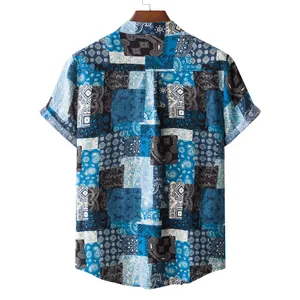 Back view of men's stand collar short sleeve shirt with blue paisley patchwork print