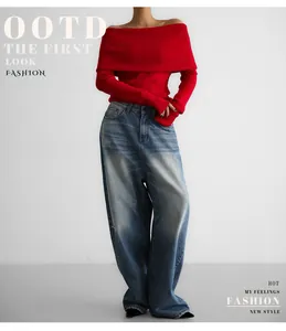 Detailed view of red off-the-shoulder slim fit knit sweater for autumn and winter fashion