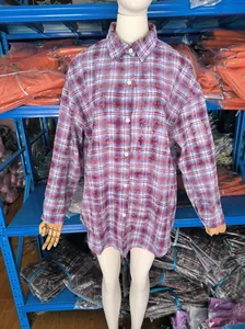 Chemise femme oversize en coton à carreaux rouges et bleus, haut décontracté à boutons