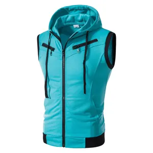Gilet à capuche sans manches pour homme en bleu cyan avec bordures noires et fermeture éclair