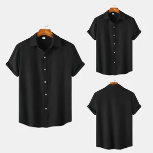Detailed views of black short-sleeved button-down shirt showing front and back angles