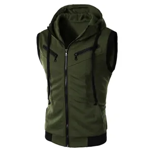 Detailed front view of a slim fit olive green men's hooded sleeveless vest with black zippers