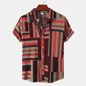 Detail view of men's casual short-sleeve shirt with red and brown stripe pattern