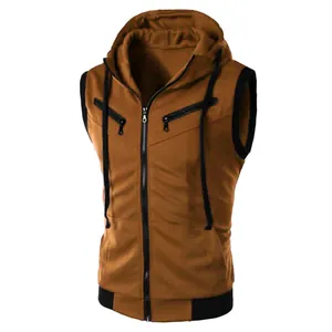 Close-up of men's slim fit hooded sleeveless vest in camel and black with front zipper