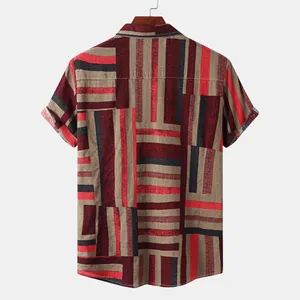 Back view of men's casual short sleeve shirt with vibrant geometric stripe pattern