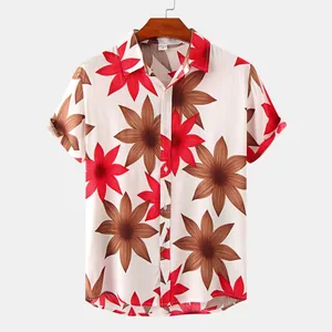 Camicia estiva da uomo a maniche corte con audace stampa floreale rossa e marrone su bianco