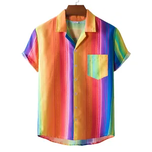 Mens colorful ethnic print Hawaiian short sleeve shirt with rainbow vertical stripes