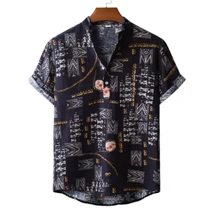 Men's casual short sleeve shirt with ethnic geometric print for summer beach holiday.