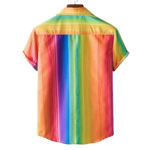 Detailed back view of a vibrant rainbow striped men's Hawaiian short sleeve shirt