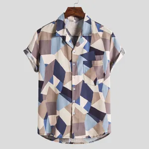 Men's vintage geometric print short sleeve casual shirt with button-down collar