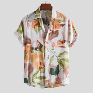 Detailed front view of a men's summer short-sleeved casual shirt with floral leaf print