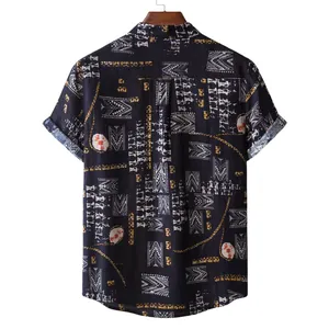 Rear view of men's short sleeve casual shirt with ethnic print for beach vacation