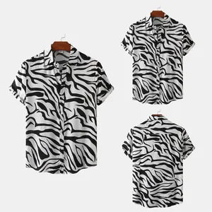 Men's summer short-sleeved shirt featuring bold black and white zebra print from multiple angles