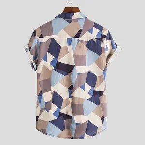 Back view of a men's retro geometric print short sleeve Hawaiian casual shirt