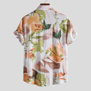 Back view of a men's summer casual short sleeve shirt with artistic floral leaf print