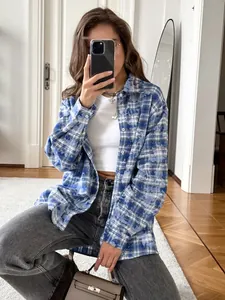 Chemise oversize à carreaux bleus et blancs en coton à manches longues pour femmes