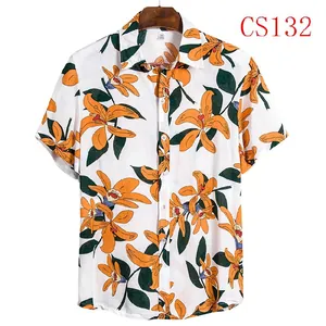 Casual men's Hawaii style floral print short sleeve button-down shirt in white