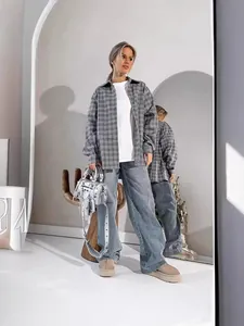 Stylish grey plaid oversized shirt for women with a classic lapel design for autumn fashion