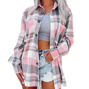 Western style oversized pink and grey plaid long sleeve button-down shirt for women