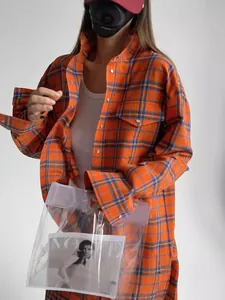 Camicia da Donna Stile Preppy Americano Plaid Arancione Risvolto Lento Manica Lunga Camicetta in Poliestere Con Tasche Top