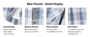 Close-up detail views of a blue plaid flannel shirt's hem, pocket, and buttons.