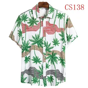 Men's casual Hawaiian short sleeve shirt featuring palm tree and geometric line prints