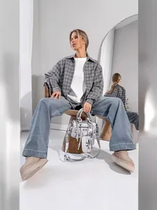 Oversized grey plaid shirt with lapel collar for autumn women's fashion outfits