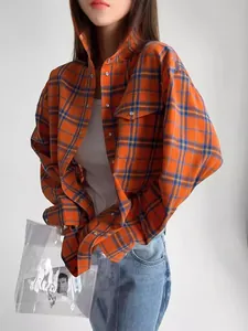 Camicia a quadri arancione oversize da donna, camicetta a maniche lunghe stile college