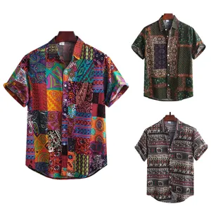 Heren Casual Linnen Korte Mouw Overhemd Retro Etnische Olifant Patchwork Print Omslagkraag Knoopsluiting Strandoverhemd