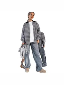 Oversized grey plaid shirt for women with fashionable lapel collar in autumn style