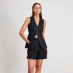 Ensemble élégant 2 pièces gilet et short en coton et lin noir pour femme tenue d'été de bureau