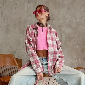 Women Retro Plaid Shirt Casual Loose Long Sleeve Button Down Blouse Top Vintage Western Street Style Polyester Cotton Top