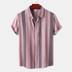 Men's casual pink and grey striped short sleeve summer Hawaii beach vacation shirt