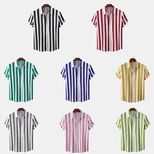 Camicia Casual da Uomo a Righe Verticali Slim Fit Moda Manica Corta Abbottonata Misto Cotone Stampa Estiva Taglie Forti