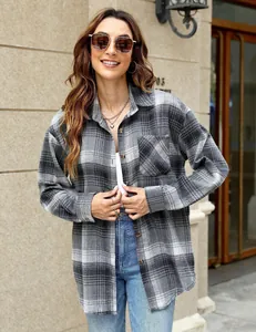 Stylish grey and white plaid button-down long sleeve shirt with pocket for women