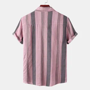 Back view of men's casual short-sleeved shirt with pink and grey vertical stripes