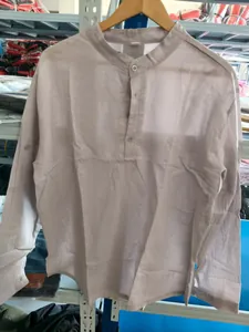 Men's loose cotton linen shirt with stand collar and long sleeves in light grey