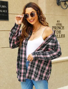 Women's classic pink and black plaid long-sleeved button-down shirt in a relaxed fit.