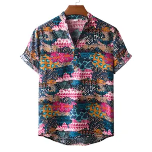 Close-up detail of vibrant ethnic geometric print on men's summer short sleeve shirt