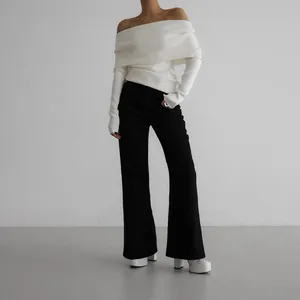 Elegant white off-shoulder long sleeve knitted sweater for a slim fit chic autumn look
