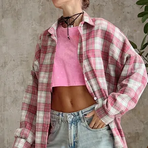 Retro pink plaid long-sleeve oversized shirt, casual street style fashion blouse