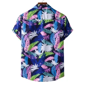 Back view of a colorful tropical leaf print Hawaiian shirt for men on a hanger.