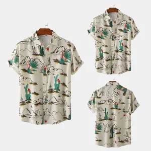 Detailed view showing front and back of men's short sleeve shirt with desert print pattern