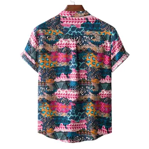 Detailed back view of a men's short-sleeved shirt with ethnic geometric patterns