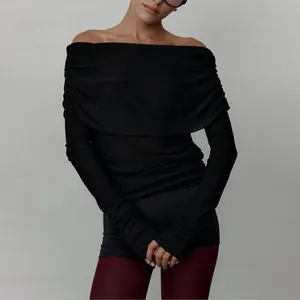 Elegant slim fit black off-the-shoulder long sleeve knit sweater top for women