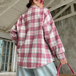 Oversized retro plaid long sleeve shirt in pink and white for women's street style