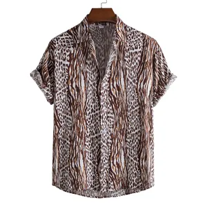 Men's casual short-sleeve shirt with wild animal leopard print on a wooden hanger