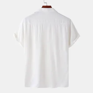 Back view of a white men's short sleeve casual shirt showing texture and stitching details.